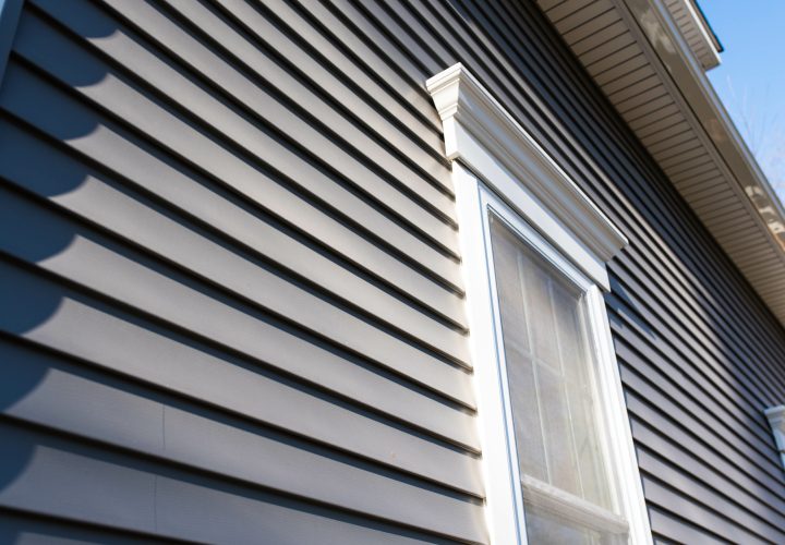 Dark vinyl siding in residential neighborhood, new window treatm