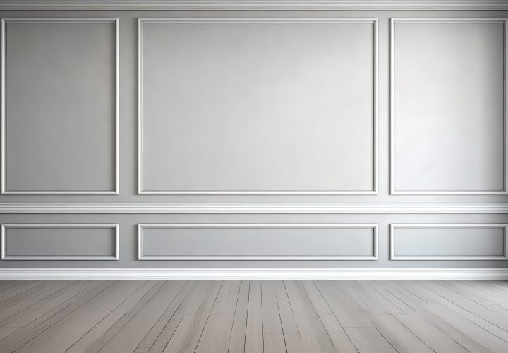 front view, gray color wall backdrop, wall with moulding trim,wooden floor, empty room, empty wall, daylight
